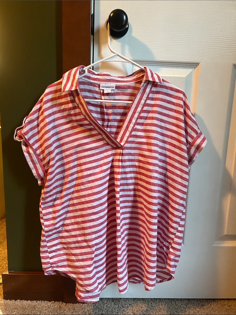 Liz Claiborne Pink and White Striped V-Neck Collared Tee